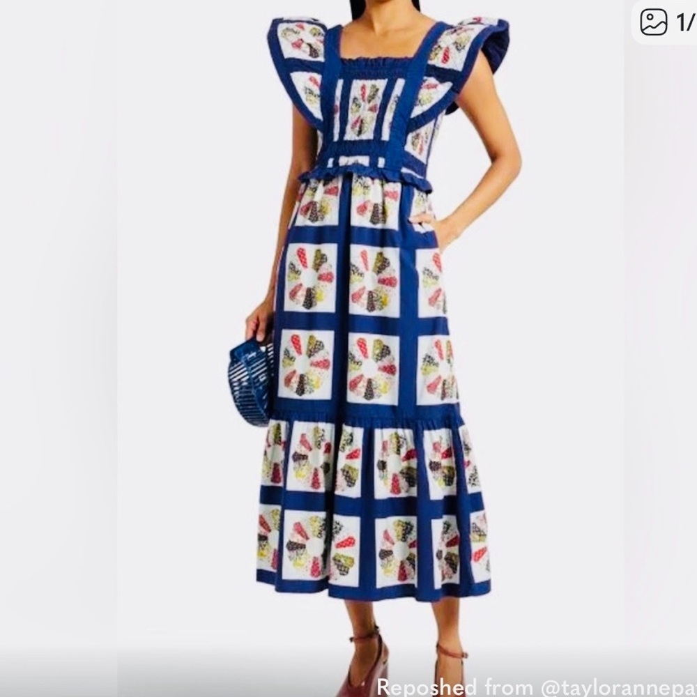 Sea New York Blue White Patchwork Maxi Dress Pippin Apron Smocked 2
